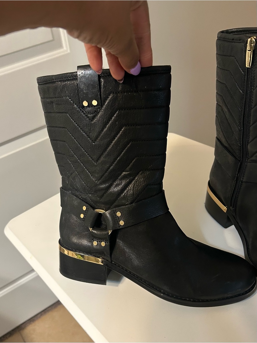 Vince Camuto Black Quilted Mid-Calf Boot with Gold Accent